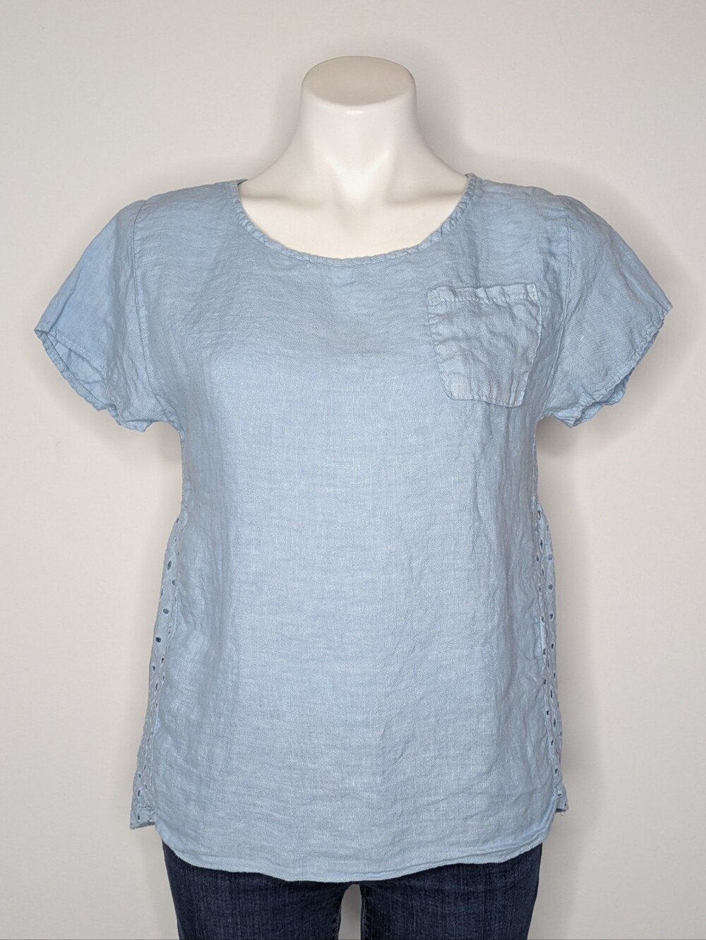 Viola Borghi Blue Eyelet Lace Short Sleeve Linen Top S